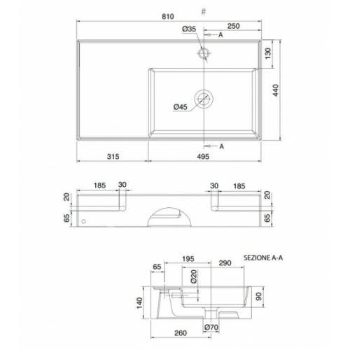 Vasque à poser ou suspendue TEOREMA 2.0 80 cm - Vasque à Droite 0 5118 schéma