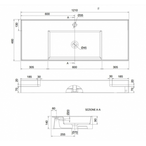 Vasque à poser ou suspendue 120 cm TEOREMA 2.0 - Vasque centrée 0 5125 schéma