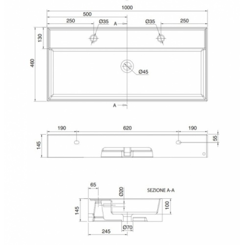 Vasque à poser ou à suspendre TEOREMA 2.0 100 cm - 2 trous - Noir Mat 0 5106r 100b schéma