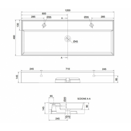 Double vasque à poser ou suspendue 120 cm TEOREMA - 2 trous 0 5107r 120b schéma