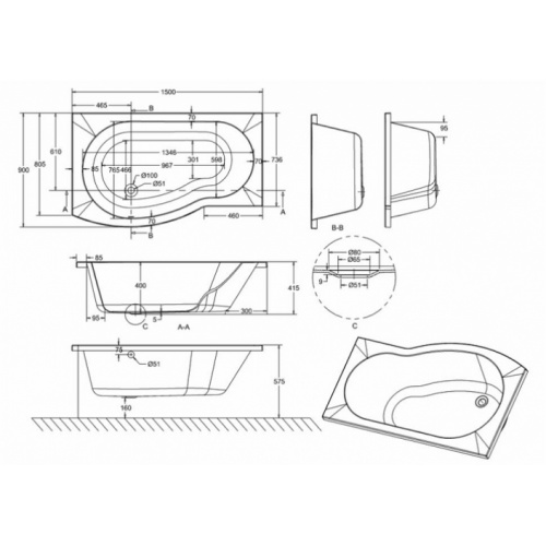 Baignoire-douche ECOROUND Cleargreen - 150 cm - Version Gauche Ecoround 150 gauche schéma