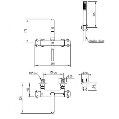 Mitigeur thermostatique bain/douche mural MINOE Chromé - 49.714 CH 47 714 49 714 schéma