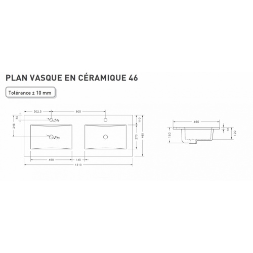 Meuble double vasque 4 tiroirs 120 cm RIVAGE Cristal Blanc Céramique Côtes 120cm DV