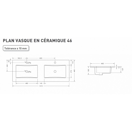 Meuble double vasque 4 tiroirs 120 cm RIVAGE Cristal Blanc Céramique Côtes 120cm DV