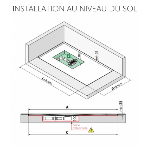 Receveur rectangulaire CUSTOM TOUCH Gris - Hauteur 3.5 cm - 100x80 cm Installation au niveau du sol