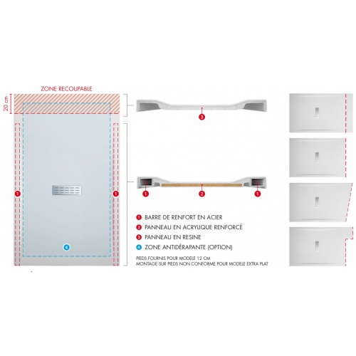 Receveur rectangulaire CUSTOM TOUCH Blanc Mat - Hauteur 3.5 cm - 100x80 cm Schéma custom