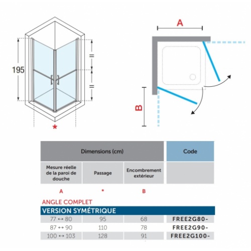 Paroi FREE 1 2G avec ouverture en 2 parties - Angle 80x80cm FREE1 2G Schéma