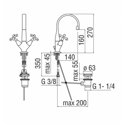 Mélangeur lavabo monotrou Carlos Primero Chromé CP218 Schéma Technique