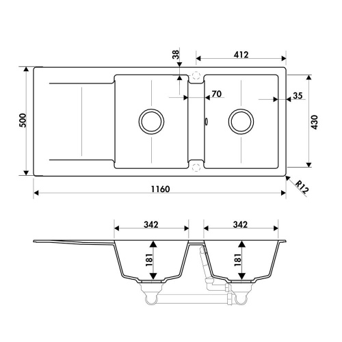 Évier de cuisine EPURE 2 bacs Croma - EV2821 022 EPURE 2 bacs EV2821 Schéma