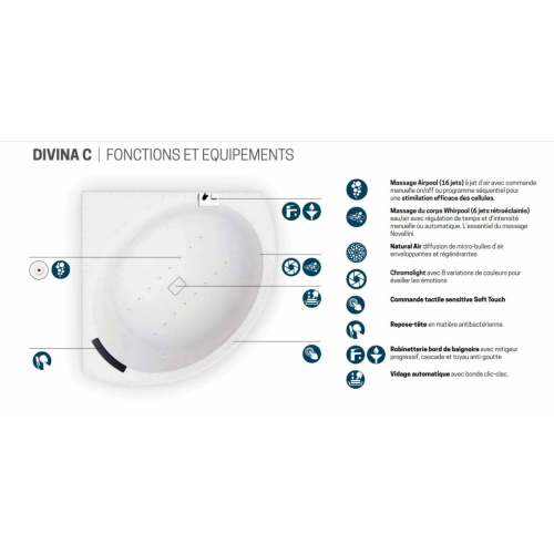 Baignoire d'angle DIVINA C Blanc brillant - Système Natural Air + Whirlpool - Avec Robinetterie - Tablier Polvere DIVINA C Fonctions Natural Air