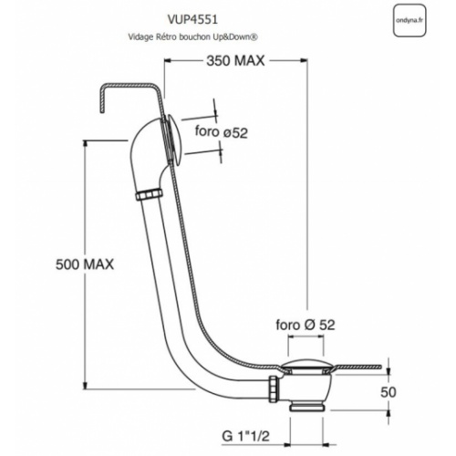 Vidage baignoire rétro bouchon Up&Down Chromé VUP4551 Schéma