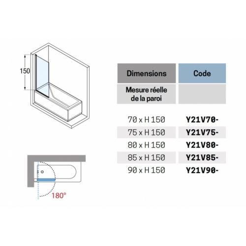 Pare-baignoire pivotant YOUNG 1V 70 cm- Transparent - Silver YOUNG 1V Schéma