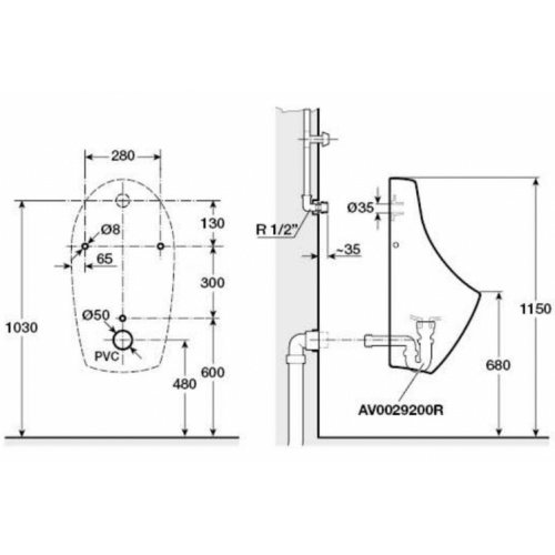 Urinoir EURET pour alimentation encastrée par l'arrière EURET A35945f cotes Installation