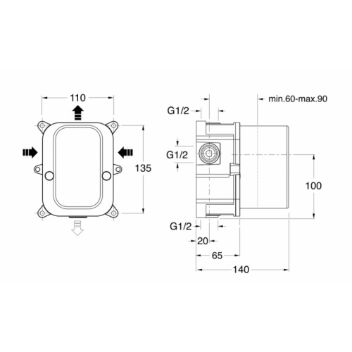 Mitigeur douche encastré Inox PIX ONDYNA - PX68928+CS53500 CS53500 Schéma