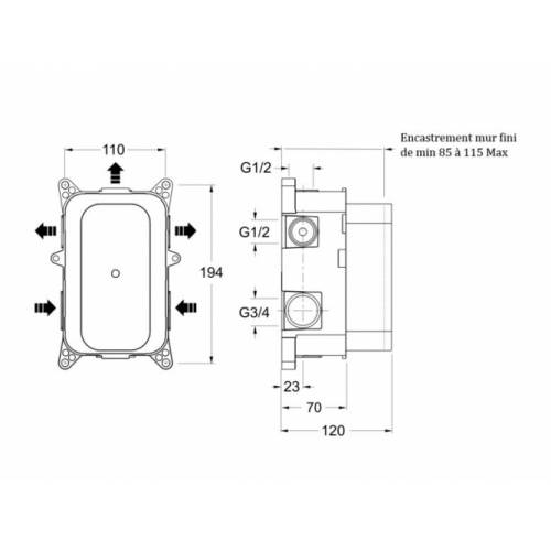 Façade thermostatique Inox PIX avec box universelle - 2 sorties PD80000 Schéma