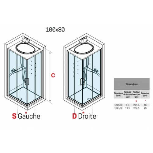 Cabine Hamman EON A 100x80 cm - Droite - Mitigeur Mécanique - Receveur extra plat - Blanc Mat EON 100x80 Schéma