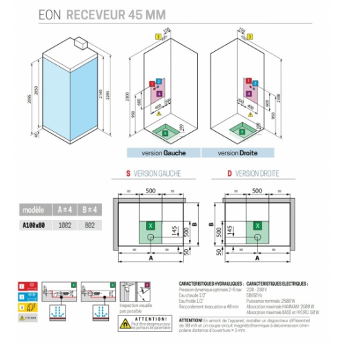 Cabine Hamman EON A 100x80 cm - Droite - Mitigeur Mécanique - Receveur extra plat - Blanc Mat EON 100x80 Schéma Technique