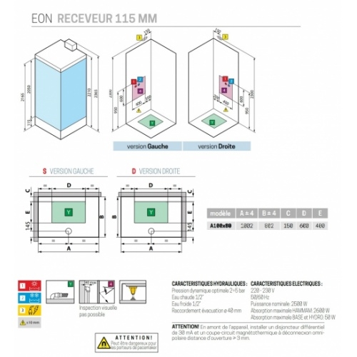Cabine Hamman EON A 100x80 cm - Droite - Mitigeur Mécanique - Receveur 11.5 cm - Blanc Mat EON 100x80 Schéma Tech 11 5 cm