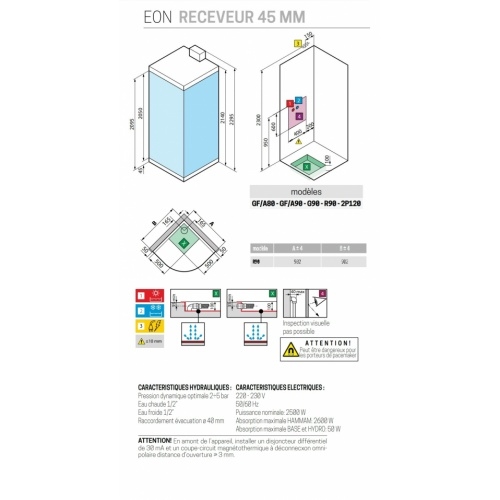 Cabine Hamman EON R 90x90 cm - Mitigeur Mécanique - Receveur extra plat - Blanc Mat EON R90 Schéma Tech 4 5 cm