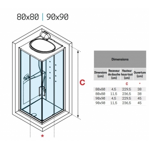 Cabine Hamman EON A 80x80 cm - Mitigeur Mécanique - Receveur Extra plat - Blanc Mat EON A80-A90 Schéma