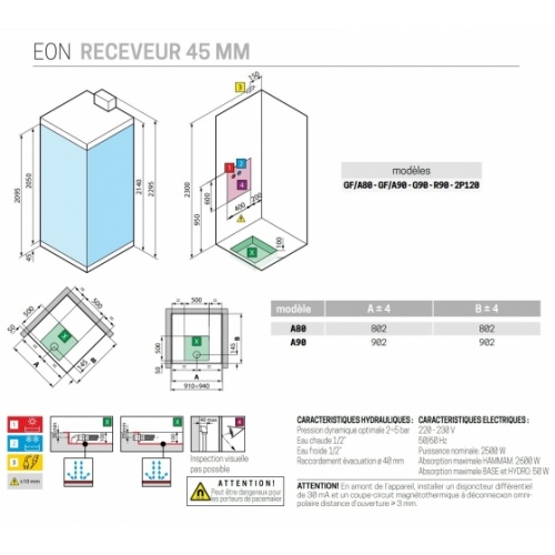 Cabine Hamman EON GF 90x90 cm - Mitigeur Mécanique - Receveur Extra plat - Blanc Mat EON A80-A90 Schéma Tech 4 5 cm