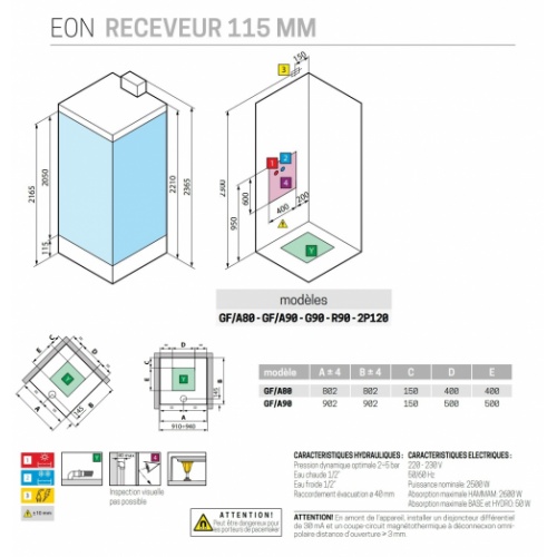 Cabine Hamman EON A 90x90 cm - Mitigeur Thermostatique - Receveur Extra plat - Blanc Mat EON A80-A90 Schéma Tech 11 5 cm
