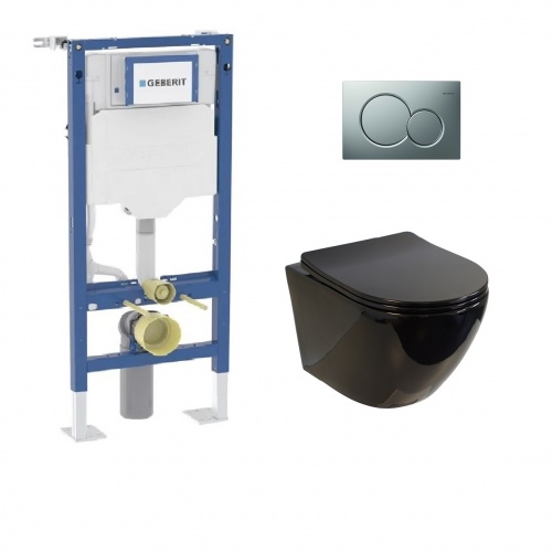 Pack Geberit UP320 + Cuvette sans bride KELOS Noir Brillant + Plaque Sigma Chromé Mat