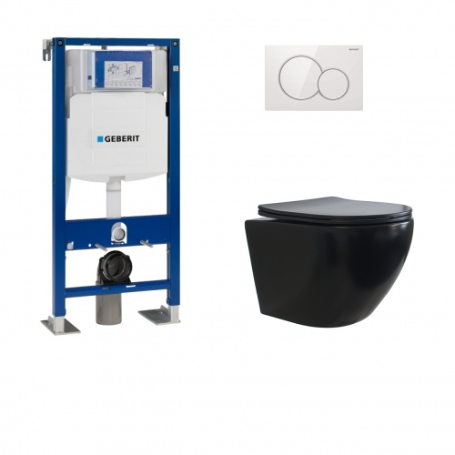 Pack Geberit UP320 + Cuvette sans bride KELOS Flush Noir Mat + Plaque Sigma Blanc