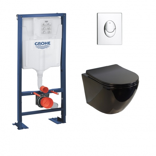 Pack WC Grohe Rapid SL + Cuvette sans bride KELOS Noir Brillant + Plaque Skate Air Chromé