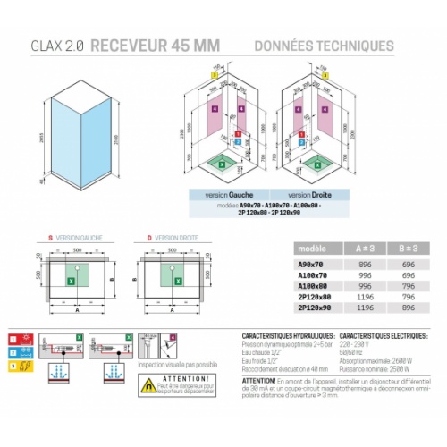 Cabine de douche Hammam GLAX 1 2.0 2P WHITE 120x90 cm - Receveur Extra-plat - Gauche - Mitigeur Mécanique GLAX 2P 4 5 cm Schéma Tech