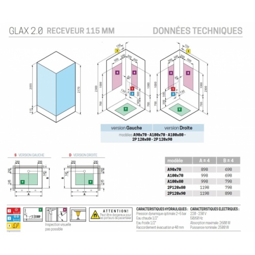 Cabine de douche Hammam GLAX 1 2.0 2P WHITE 120x90 cm - Receveur 11.5 cm - Droite - Mitigeur Mécanique GLAX 2P 11 5 cm Schéma Tech