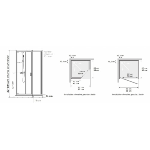 Cabine de douche EDEN C80 Receveur 18 cm - Porte pivotante - 80x80cm EDEN Carré Receveur 18cm Schéma