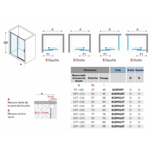 Paroi 1 porte coulissante KUADRA 2.0 2PH - Chromé - Verre Sérigraphie Rose 1- Droite - 140cm KUADRA 2 0 2PH Schéma