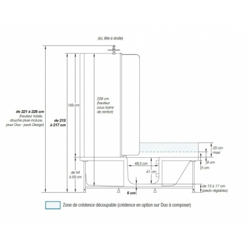 Combiné douche/bain DUO - Pack Design 3 en niche - 170x75cm - Tête à droite DUO Schéma Tête à Droite