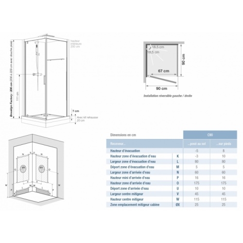 Cabine de douche BROOKLYN 90x90 cm - Porte pivotante Brooklyn Factory C pivotante Schéma