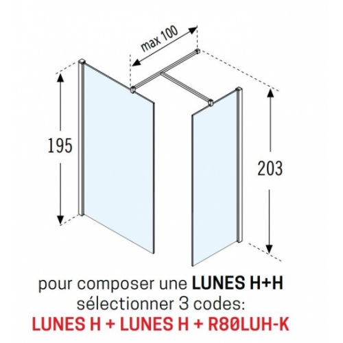 Paroi de douche fixe Lunes H 100 cm - Transparent - Chromé LUNES H+H Schéma