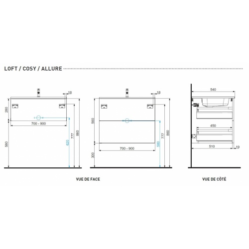 Meuble simple vasque LOFT 70 Sciée Blanc et Gris Plans Tech LOFT - COSY - ALLURE