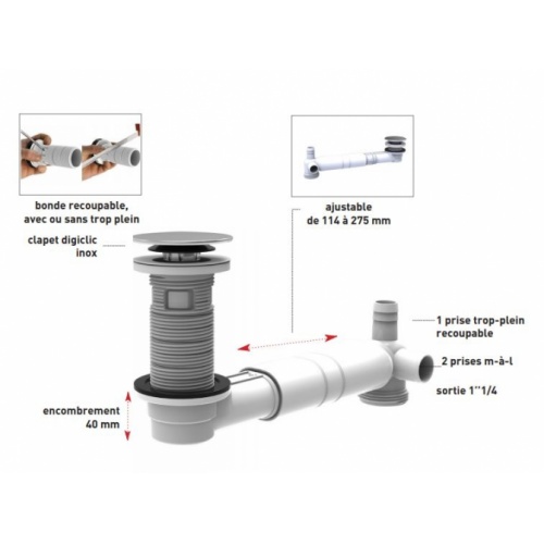 Bonde recoupable + tubulure de lavabo TBXP - Blanc Tubulure extra-plate Technique