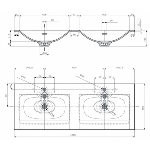 Meuble double vasque TEN 120 cm Chêne veiné Milano Ten plan schéma