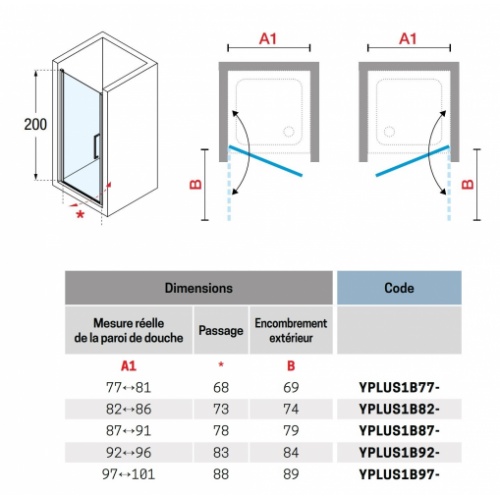 Porte de douche pivotante YOUNG PLUS - Profilé Silver - 80 cm YOUNG PLus 1B Schéma