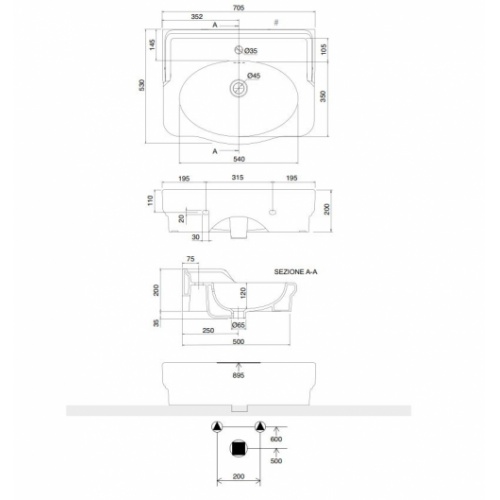 Vasque sur Colonne CASTELLANA Blanc - 70 cm CASTELLANA 5301 Schéma