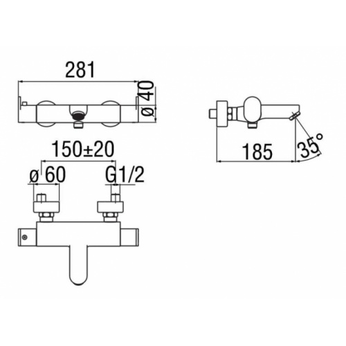 Mitigeur Thermostatique Bain/Douche UP Chromé UP94010 SCHEMA