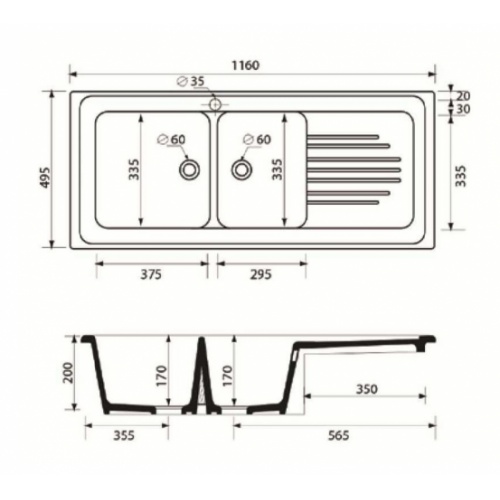 Évier à encastrer en céramique ISLANDE 120 cm - 2 cuves Blanc EV7121 Schéma