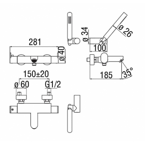 Mitigeur Bain/Douche Thermostatique UP complet - Chromé UP94010 Schéma