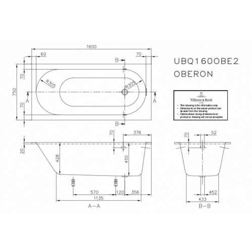 Baignoire à encastrer OBERON 160x75 cm - SANS tablier* OBERON 160 Schéma