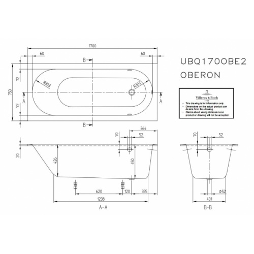 Baignoire à encastrer OBERON 170x75 cm - SANS tablier* OBERON 170x75 Schéma