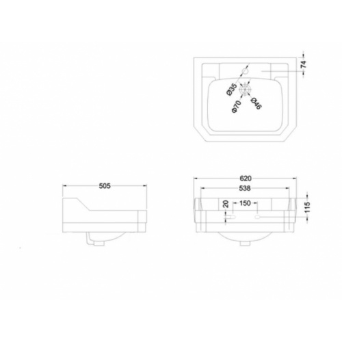 Vasque rectangulaire Edouardien 61 cm - 2 Trous B5 1TH Schéma