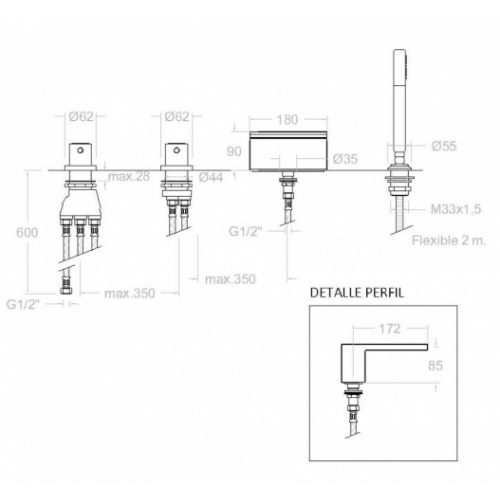 Robinetterie de bain encastrée URBAN CHIC avec bec cascade 213303TM Schéma