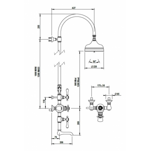 Colonne thermostatique bain/douche rétro JULIA Chromé 01-754 Schéma