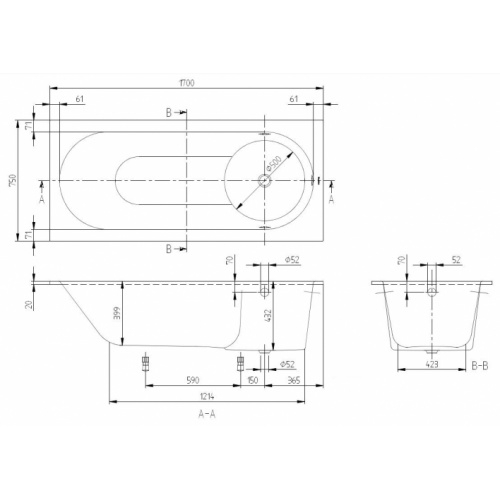 Baignoire rectangulaire LIBRA 170x75 Blanc Libra Schéma